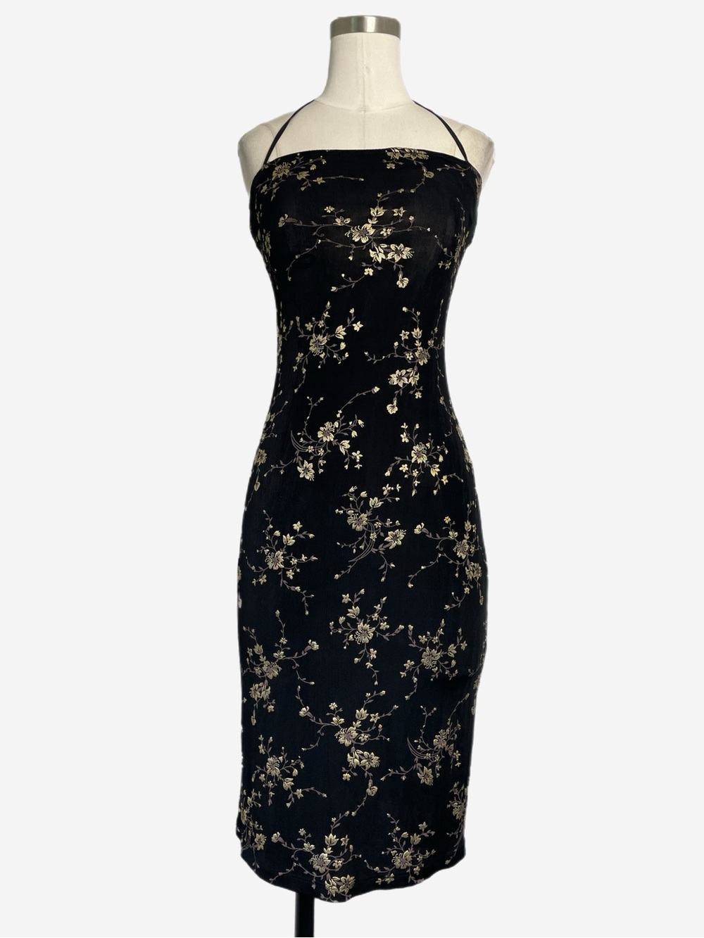 Vintage 90s Betsey Johnson black metallic gold floral blossom midi tube dress XS